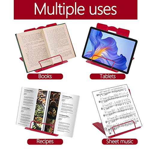 Metal Book Stand Adjustable Book Holder for Reading | Portable & Sturdy For Textbooks Cookbooks Sheet Music Papers Study - color: Full Red