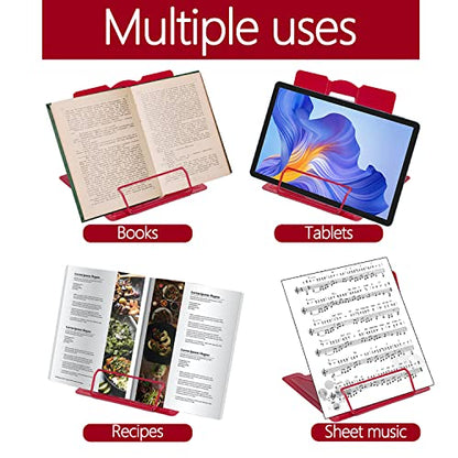 Metal Book Stand Adjustable Book Holder for Reading | Portable & Sturdy For Textbooks Cookbooks Sheet Music Papers Study - color: Full Red