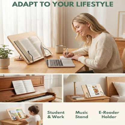Adjustable Wooden Book Stand 8 Height Levels, Ergonomic Reading Holder for Cookbook Textbook, Foldable Desktop Book Stand with Page Paper Clips, Portable Hands-Free Stand for Kitchen Office - size: 15x11.4inch