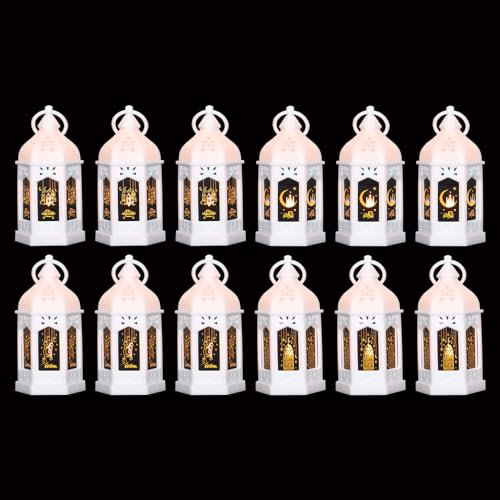 LLQ Mini Ramadan Lantern (12Pcs-5in) - Moroccan Small Lanterns Decorative, Eid Mubarak Decorations for Home, Ramadan Gifts for Family, Table Centerpiece - color: Glossy White