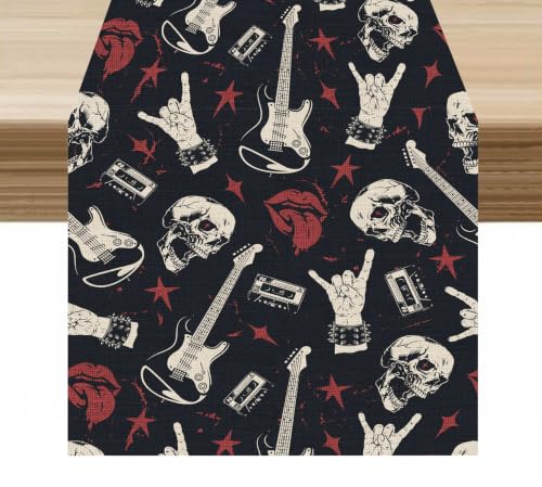 Skeleton Table Runner Skull Rock Music Guitar Black Pattern Decor for Indoor Outdoor Party Dinner Festival Farmhouse Holiday Home Kitchen Dining Room, 13x36in - color: Skeleton-black, size: 13x36in