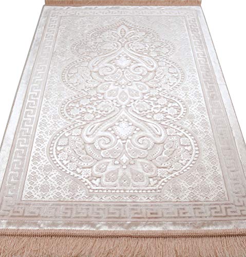 Modefa Luxury Velvet Prayer Rug with Prayer Beads | Soft Elegant Muslim Turkish Janamaz Sajada Carpet for Men and Women | Plain Solid Prayer Mat Ramadan Eid Gift - Paisley (Blush Pink) - color: Blush Pink