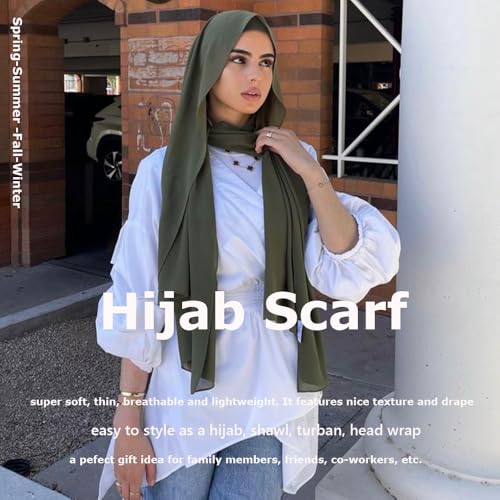 Chiffon Scarf for Women Lightweight Breathable Sunscreen Soft Solid Hijab Scarf for Daily & Muslim Wear - color: Military Green Chiffon Scarf