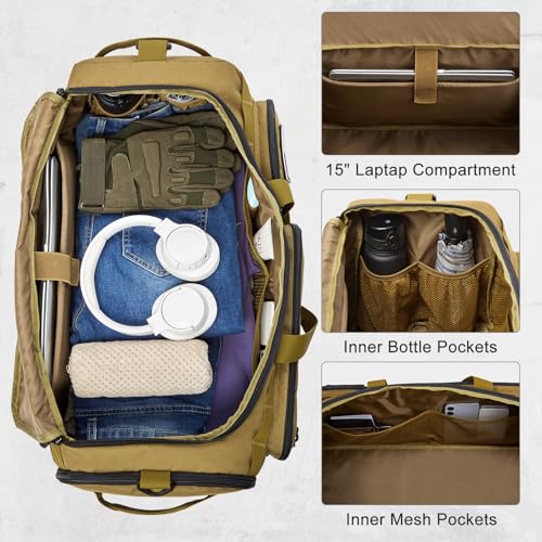 G4Free 3-in-1 Duffle Bag Travel Gym Sports, Large Tactical Duffel Backpack | 50L/65L with Shoes Compartment and Wet Pocket, Military Workout Bag for Men and Women, Khaki - color: Khaki