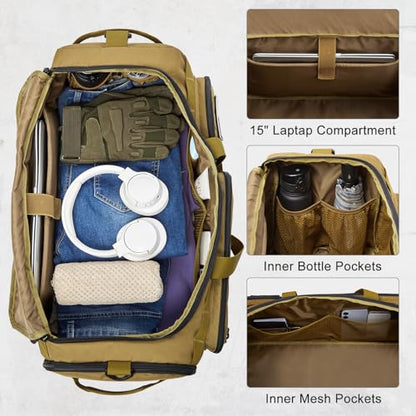 G4Free 3-in-1 Duffle Bag Travel Gym Sports, Large Tactical Duffel Backpack | 50L/65L with Shoes Compartment and Wet Pocket, Military Workout Bag for Men and Women, Khaki - color: Khaki