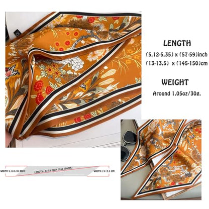 Silk Feeling Head Scarf Fashion Satin Hair Scarf Square Long Scarves for Women Gifts - color: 02 Orange Flowers/5.12 X 59 Inch