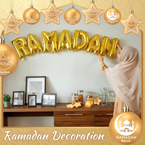 18 Pcs Eid Mubarak Decorations Ramadan Hanging Decorations Gold Moon Ornaments Plastic Eid Mubarak Hanging Balls Star Ramadan Islamic Decor for Home Window Islamic Muslim Tree Party Decor