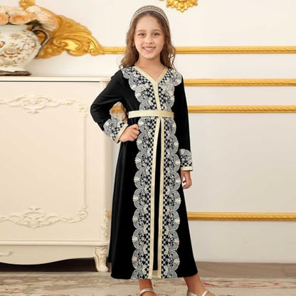 Kids Girls Ramadan Muslim Lace Trim Maxi Dress with Belt Prayer Arabic Kaftan Dubai Islamic Eid Dresses - color: Black, size: 6-7 Years