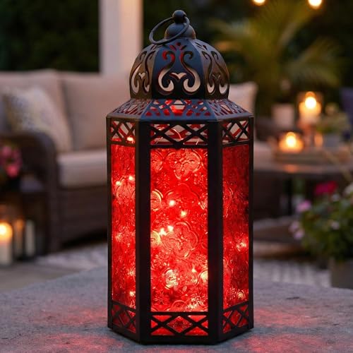 Vela Lanterns Decorative Indoor Red Gothic Fairy Light Candle Holder, L | Witchy Whimsigoth Fantasy Home Decor, Halloween Vampire Spooky, Moroccan Metal Hanging Flameless LED Lamp, 12" Tall - color: Black/Red, size: Large