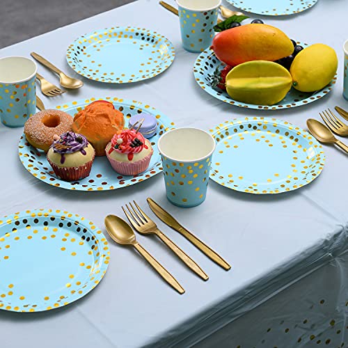 201-Piece Blue Party Supplies Set - Disposable Paper Dinnerware Serves 25 - Gold Dot Blue Paper Plates, Napkins, Cups & Plastic Silverware Sets for Wedding, Baby Shower & Holiday Parties - color: Blue