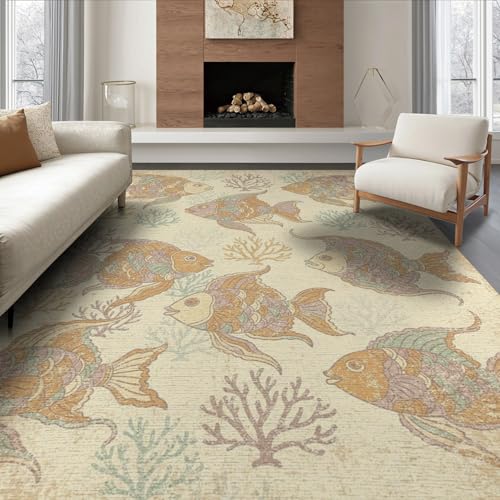 6'x9' Washable Beachy Fish Area Rug, Beige Foldable Non-Slip Large Carpet for Queen Size Bedroom, Under Bed, Master Bedroom, Foldable Easy Care Carpet| Ref:1885581 - color: Beige/Pattern 44, size: 6' x 9' (Rectangular)