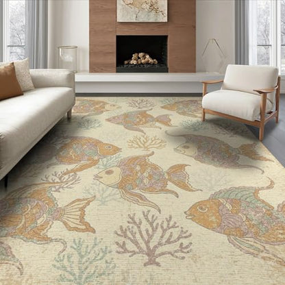 6'x9' Washable Beachy Fish Area Rug, Beige Foldable Non-Slip Large Carpet for Queen Size Bedroom, Under Bed, Master Bedroom, Foldable Easy Care Carpet| Ref:1885581 - color: Beige/Pattern 44, size: 6' x 9' (Rectangular)