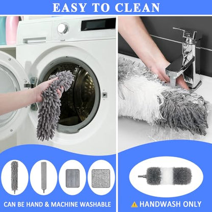Microfiber Duster Kit 25pcs with 30 to 100 Inches Extension Pole and Baseboard Cleaner Tool, Washable and Bendable Feather Duster for Cleaning Ceiling Fans, High Ceilings, Cobwebs, Blinds,Grey - size: 25pcs