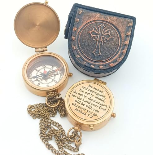 Joshua 1:9 Graduation Gifts for Him 2026 – Engraved Brass Pocket Compass for Son or Grandson – Proud of You Graduation Keepsake, High School or College Graduate Gift with Leather Case - style: Be Strong & Courageous Brass Compass |