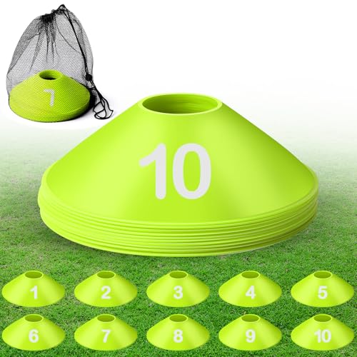 10 Pcs Numbered Sports Disc Cones 1-10 Soccer Cones with Mesh Carry Bag Flexible Agility Cones Soft Field Cones for Gym PE Classes School Activities Games, Sports Training Equipment - color: Green