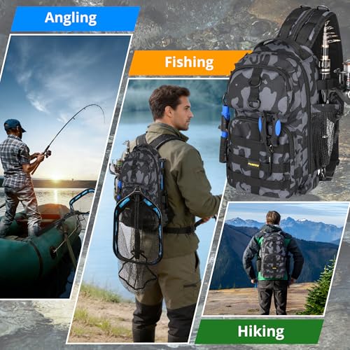 PLUSINNO Fishing Gear,Fsihing Backpack with Floating Fishing Net,Tackle Boxes,Waterproof Fishing Tackle Bag,Fishing Gifts for Men - color: Black Camo Backpack With Fishing Net