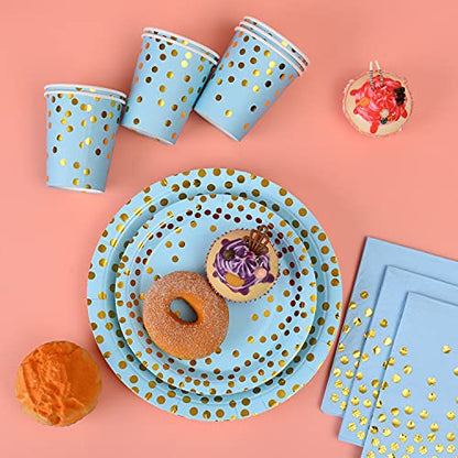 201-Piece Blue Party Supplies Set - Disposable Paper Dinnerware Serves 25 - Gold Dot Blue Paper Plates, Napkins, Cups & Plastic Silverware Sets for Wedding, Baby Shower & Holiday Parties - color: Blue