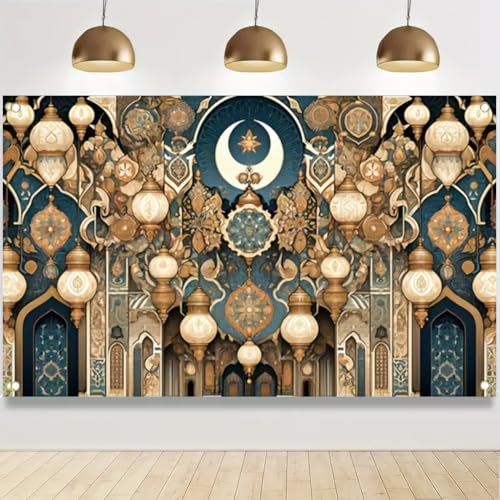 lslamic Crescent Moon Lantern Banner 71x43 Inch Blue Gold Mosque Party Decoration forRamadan Eid Festival Indoor Outdoor - color: Style 3