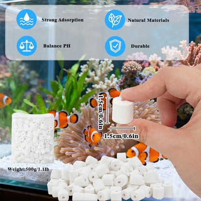 Aquarium Filter Media, Bio Ceramic Rings Set with Zippered Mesh Bag, Durable Freshwater Marine Biological Filter Media for Fish Tank, Pond, Canister (1.1lb, 500g)