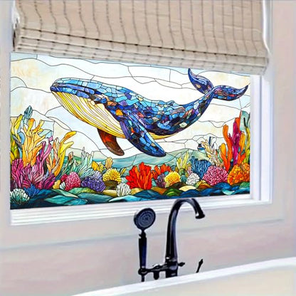 HOMETITUTE Whale Ocean Sea Life Privacy Window Film 39.3x17.7 Inch PVC - color: Animal Window Film#02