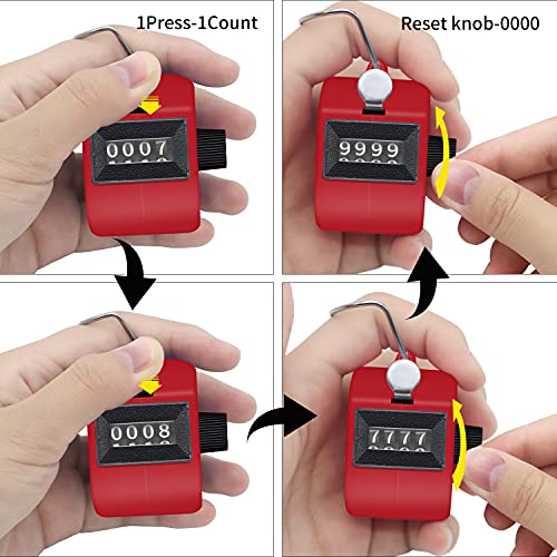 Eliamo 12 Pcs Hand Tally Counter 4-Digit Lap Counter Clicker, Manual Mechanical Handheld Pitch Click Counter with Finger Ring for School Golf & Knitting Row Croche - color: Red