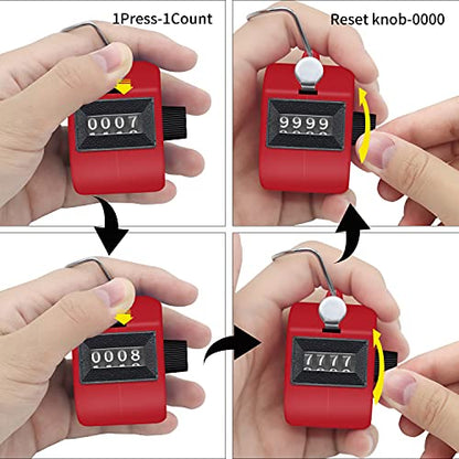 Eliamo 12 Pcs Hand Tally Counter 4-Digit Lap Counter Clicker, Manual Mechanical Handheld Pitch Click Counter with Finger Ring for School Golf & Knitting Row Croche - color: Red