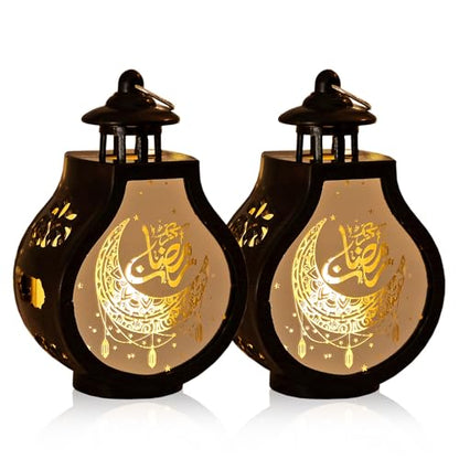 ABTOLS 2 Pieces Ramadan Lantern Decoration，Mini LED Eid Mubarak Moon Lamp Ramadan Hanging Candle Lantern Black Islamic Muslim Light Lantern for Home Tabletop Decor Creative Party Supplies