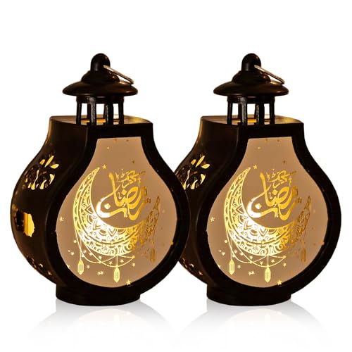 ABTOLS 2 Pieces Ramadan Lantern Decoration，Mini LED Eid Mubarak Moon Lamp Ramadan Hanging Candle Lantern Black Islamic Muslim Light Lantern for Home Tabletop Decor Creative Party Supplies