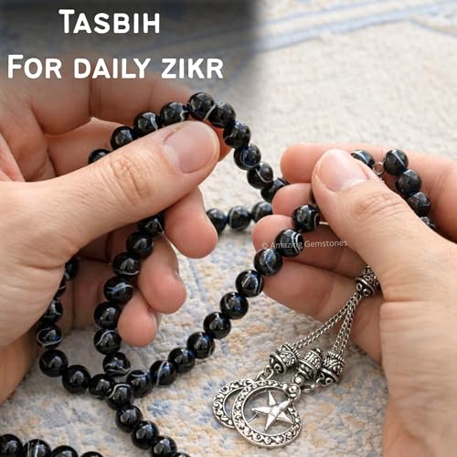 Amazing Gemstone Black Banded Agate Tasbeeh with Moon and Star Charm - Certified Crystal Muslim Prayer Beads Natural Gemstone Tasbih Gift for Ramadan Dhikr and Daily Namaz (S) - color: Black Banded Agate