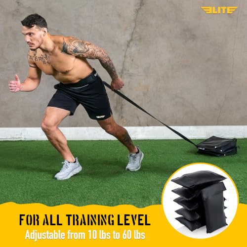 Elite Twin Sand Bag Sled Workout Sled – Waterproof UNFILLED Weight Sled Trainer with 6-Level 10–60 lb Resistance Pull System, Adjustable Waist Strap for Speed, Strength, Endurance & Agility Training