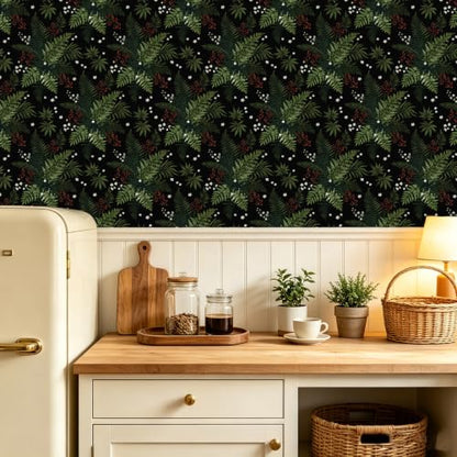 Dark Green Botanical Berries Peel and Stick Wallpaper 17.5" x 118" | Self-Adhesive, Removable Waterproof Contact Paper for Bedroom, Bathroom, Cabinets, Accent Wall, Laundry Room - color: Black/Dark Green, size: 17.5" x 118"