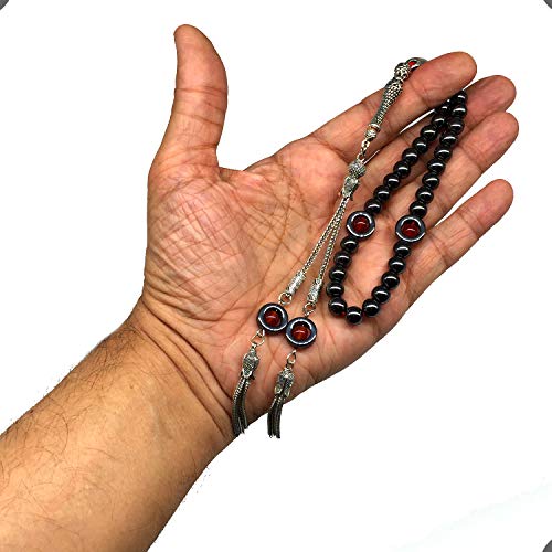 Design - Long & Stylist Tassels Worry Beads-Prayer Beads-Tesbih-Tasbih-Tasbeeh-Misbaha-Subha-Sebha-Sibha-Rosary (Hematite & Red Agate -8 mm-33 Beads & Bracelet) - color: Hematite & Red Agate -8 mm-33 Beads & Bracelet