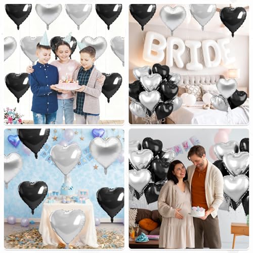 Black Silver Heart Balloons, 10PCS Metallic Foil for Goth Disco Birthday - color: Black Silver