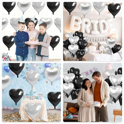 Black Silver Heart Balloons, 10PCS Metallic Foil for Goth Disco Birthday - color: Black Silver
