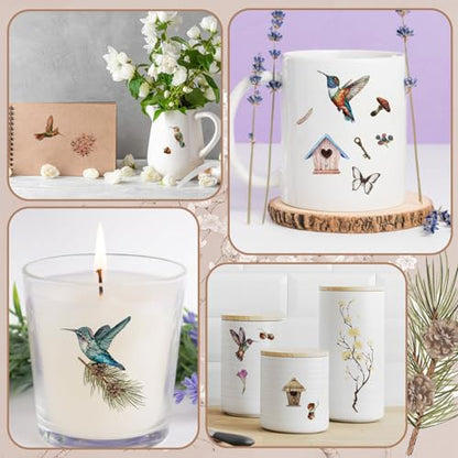 WANDIC 10 Sheets Rub On Transfer Stickers, Bees Birds Decals Fashionable Flower Waterproof Transfers for Furniture Table Water Bottle DIY Craft, 11.8 * 3.9in - color: Hummingbird