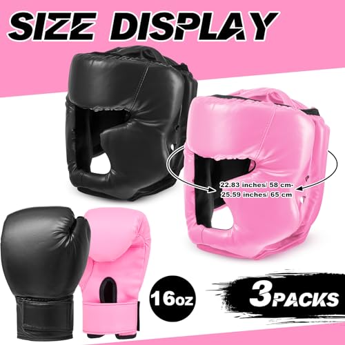Kanayu 3 Pieces Boxing Headgear and 3 Pairs Gloves Set Shockproof Leather Boxing Helmet Safety Head Guard Punching Bag Gloves for Men Women Youth Beginners - color: Black, White