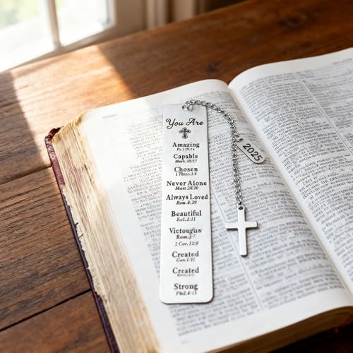 Bible Bookmark with Cross Charm, Christian Bible Bless Verse Engraved Stainless Steel Page Marker, 2025 Year Tag, Gift Box — Graduation, Confirmation, Baptism, Teacher, Women Men, Book Lover Gifts