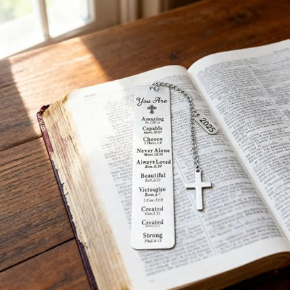 Bible Bookmark with Cross Charm, Christian Bible Bless Verse Engraved Stainless Steel Page Marker, 2025 Year Tag, Gift Box — Graduation, Confirmation, Baptism, Teacher, Women Men, Book Lover Gifts