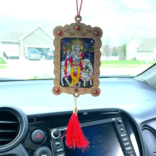 LoveNspire Hindu Car Hanging Ornament Car Hanger Photo Frame Rear View Mirror Car Charm Interior Decoration Accessories Car Dashboard Decor Ganesha Krishna Hanuman Om Balaji Shiv (Pack of 1) - style: Krishna
