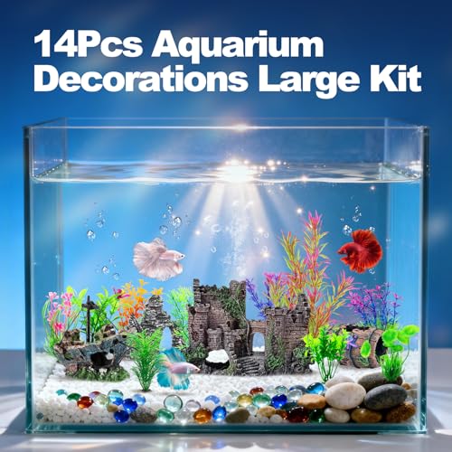 CousDUoBe 14 Pcs Aquarium Decorations Large Kit，Castle Fish Tank Bubbler Decorations，Starfish Barrel, Resin Cave Rock,Resin Material Sunken Ship,Aquarium Plants Large Fish Bowl Ornaments