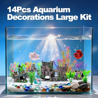 CousDUoBe 14 Pcs Aquarium Decorations Large Kit，Castle Fish Tank Bubbler Decorations，Starfish Barrel, Resin Cave Rock,Resin Material Sunken Ship,Aquarium Plants Large Fish Bowl Ornaments