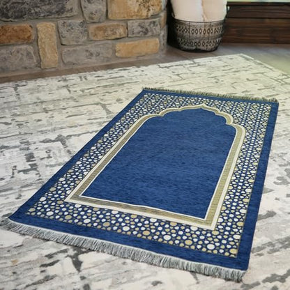 Modefa Turkish Islamic Prayer Mat - Thin Woven Chenille Sajjadah - Intricate Praying Rug Ramadan Eid Gift - Traditional Muslim Janamaz Sajada for Men Women - Geometric Selcuk Star (Royal Blue) - color: Royal Blue