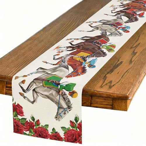 Derby Horse Racing Linen Tablerunner: Kentucky Table Runner Churchill Downs Run for the Roses Horse Racing Party Decor Perfect for Rustic Kitchen Dining, Party, Mantel 13×72Inches(1 Pcs) - color: Derby Horse Racing-2