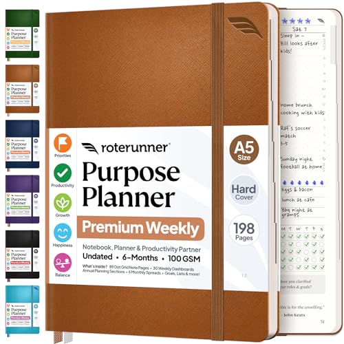 Roterunner Purpose Planner Notebook A5 5.8”x8.3” Undated 2026 Daily Weekly and Monthly Productivity Goal Setting Tool for Work Home ADHD Planner for Adults Self Care Journal (Tan Hardcover) - color: Tan, size: A5 Hardcover