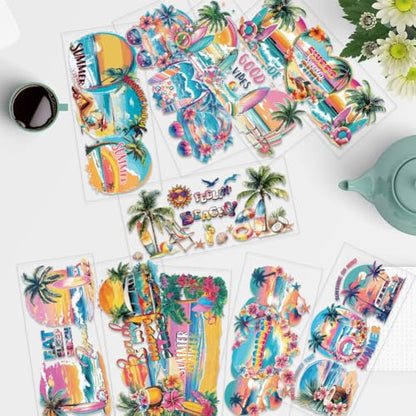 arricraft 10 Pcs Colorful Summer Beach Theme Cup Printing UV Transfer Papers, 10 Styles Sandbeach Coconut Trees Sunset UV DTF Cup Wrap Stickers for 16 OZ Glass Cups Crafts 9.5x4.3inch - style: Summer Beach Theme