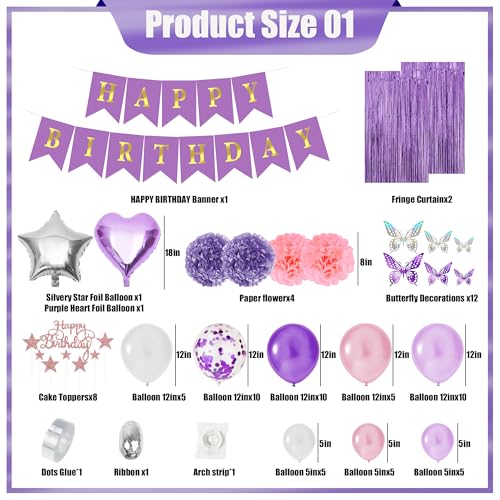 Purple birthday party decorations balloons kit for Women Girls, Balloons,Silver Foil Balloons,Fringe Curtains Happy Birthday Banner Paper Pompoms 3D Butterfly Cake Topper Party Supplies - style: Purple