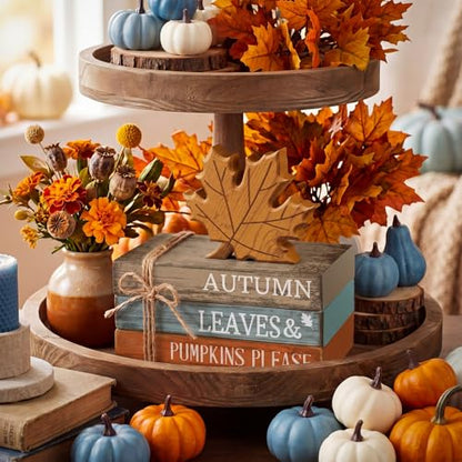 4 Pcs Fall Decorations for Home Rustic Autumn Wooden Maple Leaves Book Stack Block Sign Decorative Fall Tiered Tray Decor Thanksgiving Table Centerpiece for Harvest Office Kitchen Shelf Indoor - style: Maple Leaves