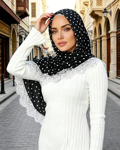 JUMISEE Elegant Floral Lace Hijab Scarf for Women Soft Cotton Head Wrap Instant Hijab Long Scarves Evening Dress Shawl - color: Black Polka Dot