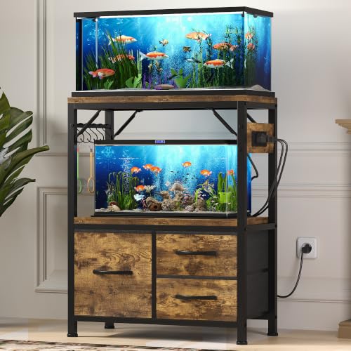 Heybly 10-20 Gal Fish Tank Stand with Drawer, Power Outlet,200lbs HAS003SSR | Aquarium Stand,Heavy Duty Metal Frame for Fish Tank, Turtle & Reptile Terrarium, 23.6" × 11.8" Top, Rustic Brown - color: Rustic Brown, size: 10-20 gal（(Not Fit for 20-gal long