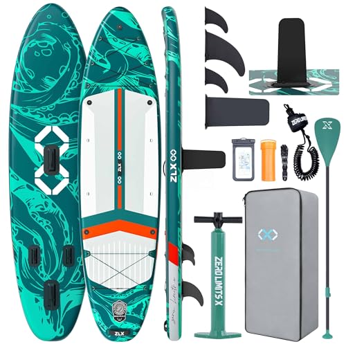ZLX 11'6"x35" Ultra Wide Inflatable Stand Up Paddle Board | Stable Non-Slip Deck Pad, Unique Fin System, Premium SUP Accessories & Backpack - Upgraded Pump for Adults, All Skill Levels - color: Jade Green
